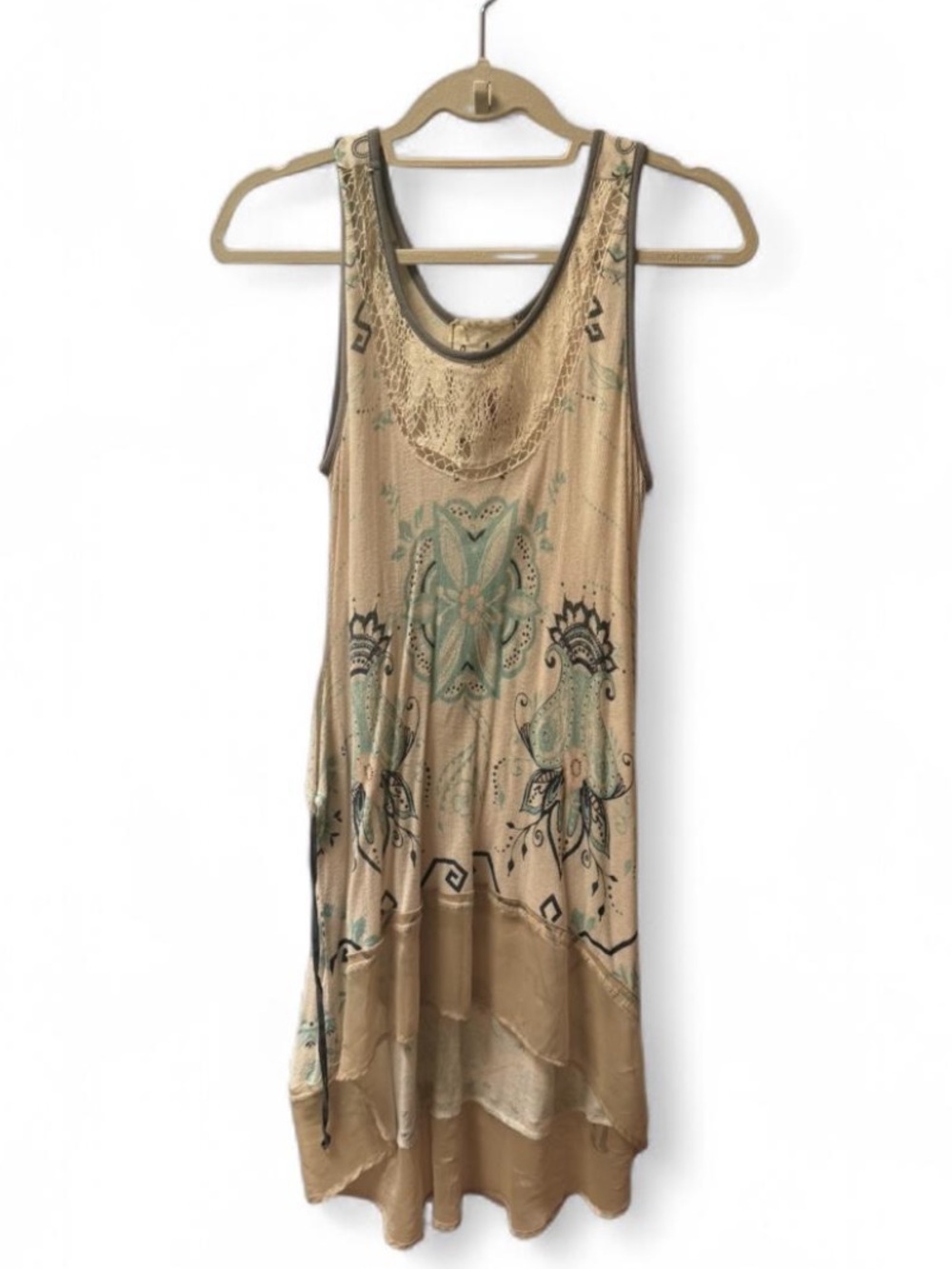 Vintage Women’s Beige Boho Printed Lace-Detail Tank Tunic Top
